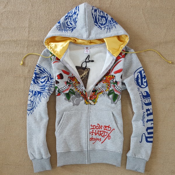 ED Hardy Hoodies Mens Skull Tiger In Grey For Sale