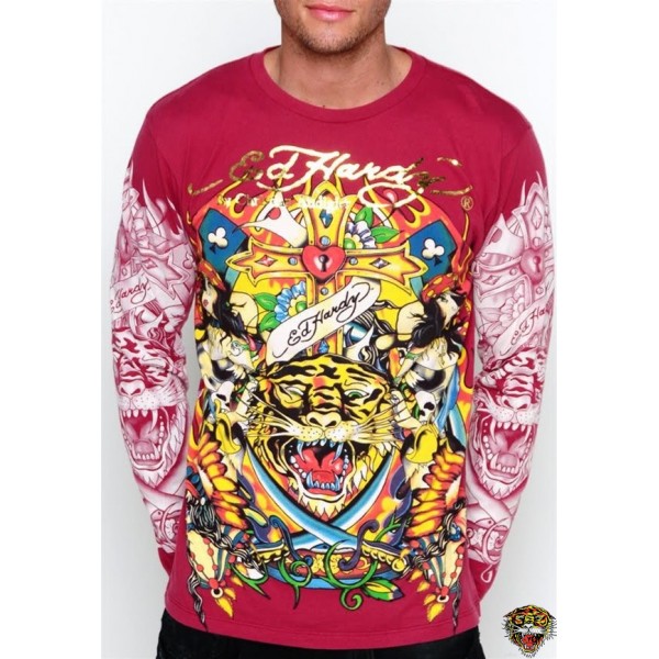 Ed Hardy Long Sleeve Cross Tiger Red For Men