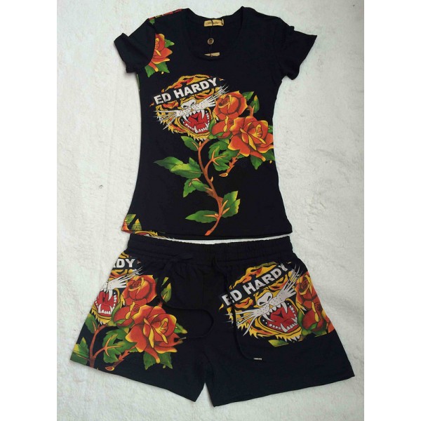 Ed Hardy Womens Suits Short Tigers Roses In Black