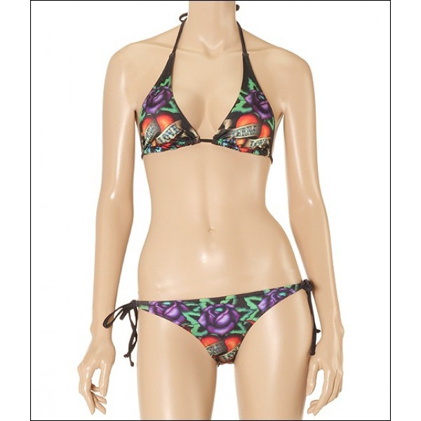 Ed Hardy Womens Swimsuit Bikini Purple Rose Tattoo Design