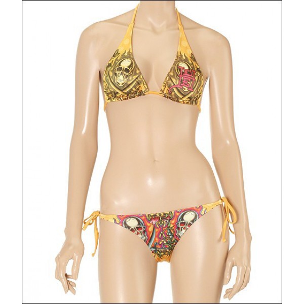 Womens Ed Hardy Swimsuit Bikini Flame Skull Yellow Site