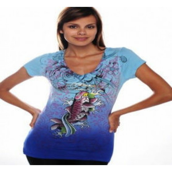 Christian Audigier T Shirts Cyprinoid Blue For Women