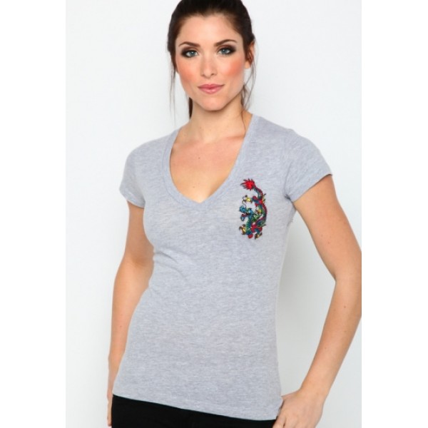 Ed Hardy T Shirts Dragon Logo Grey For Women